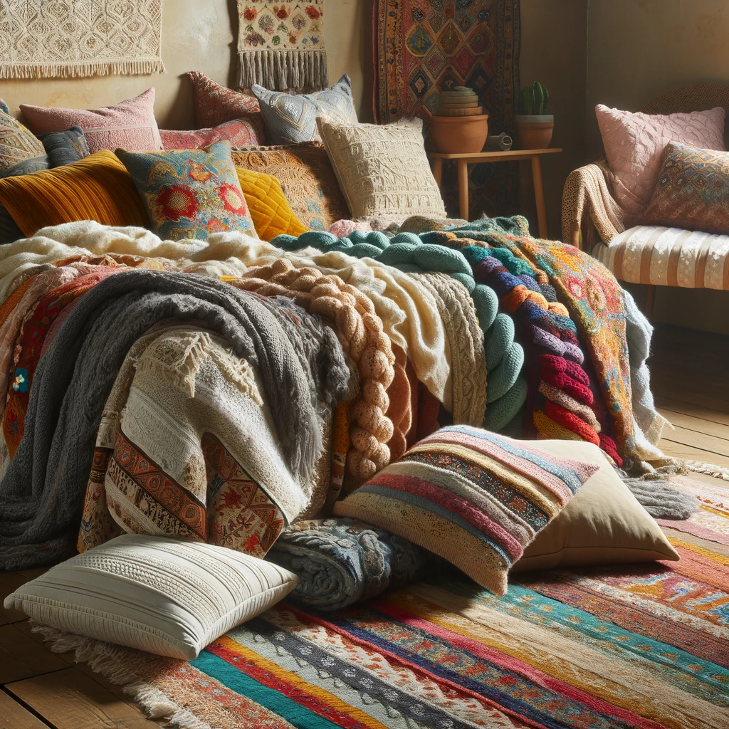 Layered textiles depicted for boho chic room ideas