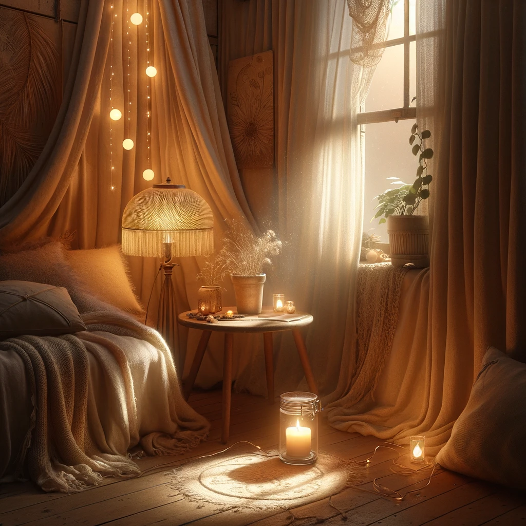 A boho room using a range of different light sources 