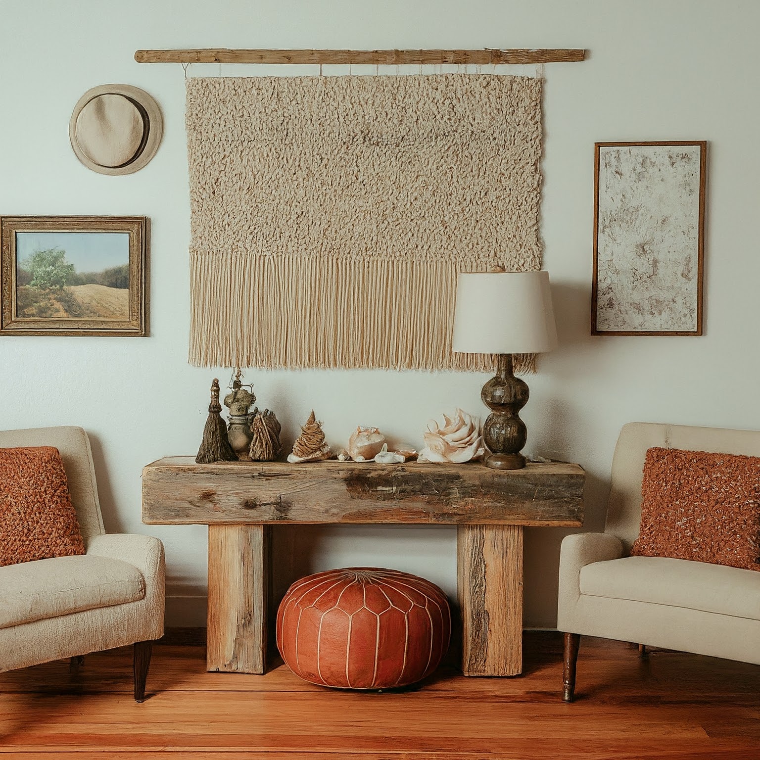 for a living room boho style : Bohemian accents like a hand-woven tapestry, collected seashells, and a macrame wall hanging personalize this living space.