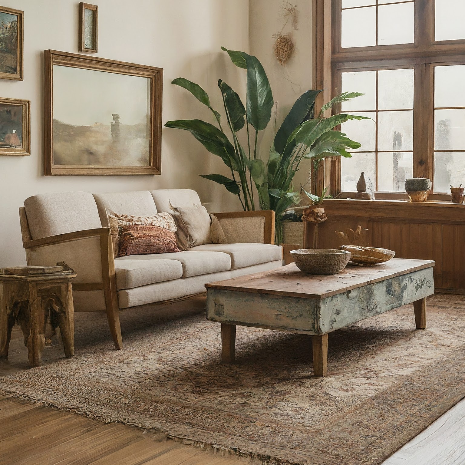 living room boho style featuring rustic furniture