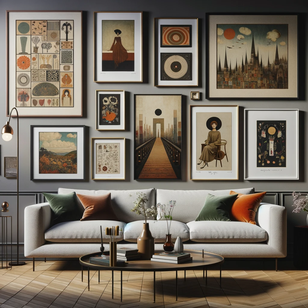 A wall with a mix of eclectic type of art is a great idea for boho rooms